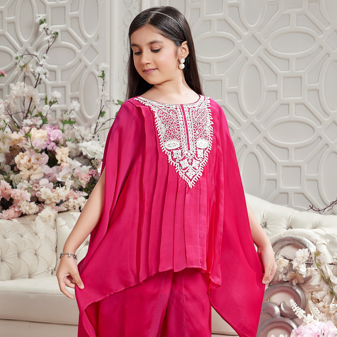 Girls Rani Embroidered And Sequined Top With Dhoti Set