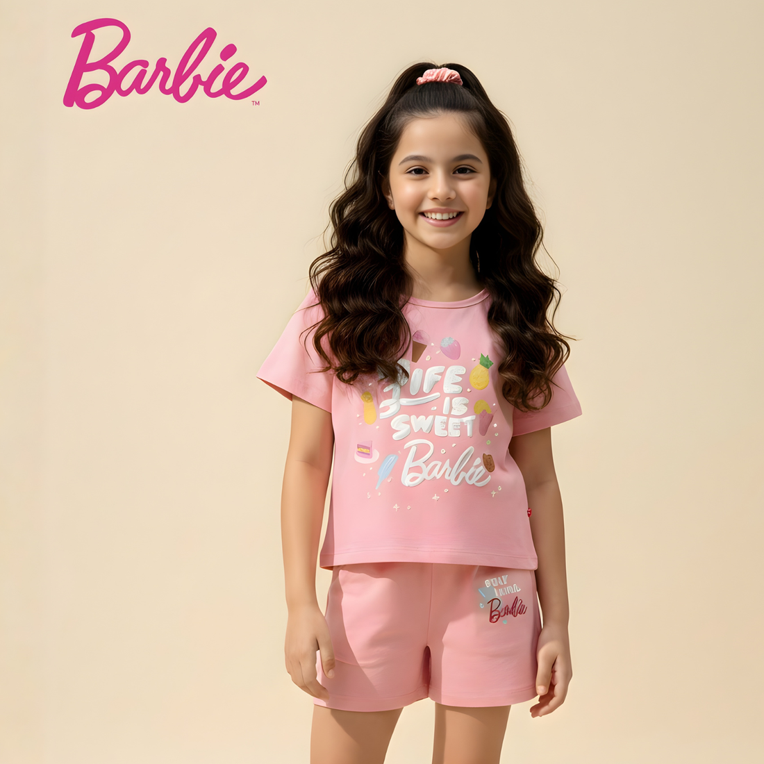 Girls Barbie Printed Top with Shorts Set