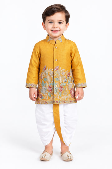 Boys Gold Patterned Kurta and Dhoti Set (Shoes Not Included)