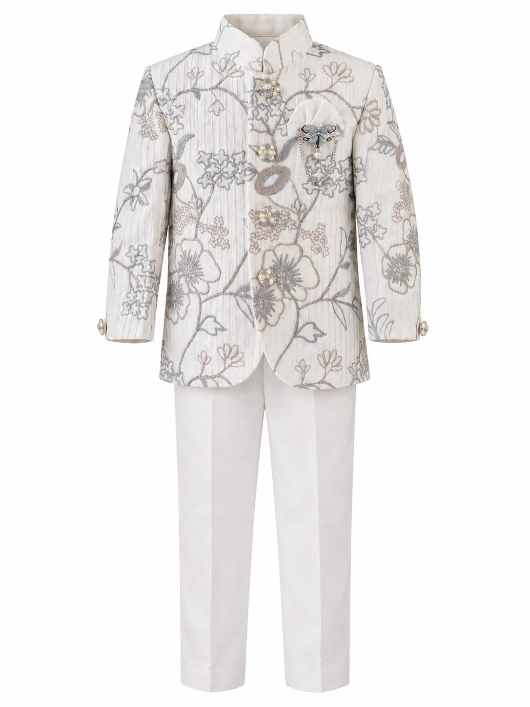 Boys White Floral Indo-Western Jacket and Trousers Set