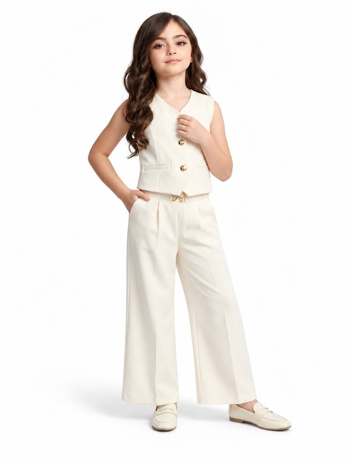 Girls White Waistcoat and Wide-Leg Pants Set