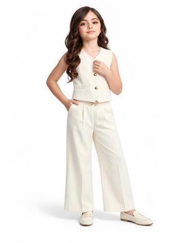Girls White Waistcoat and Wide-Leg Pants Set