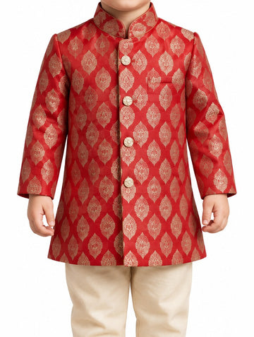 Boys Red Kurta and Cream Pajama Set (Shoes Not Included)