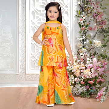 Yellow with Multicolor Digital Print Palazzo Set For Girls