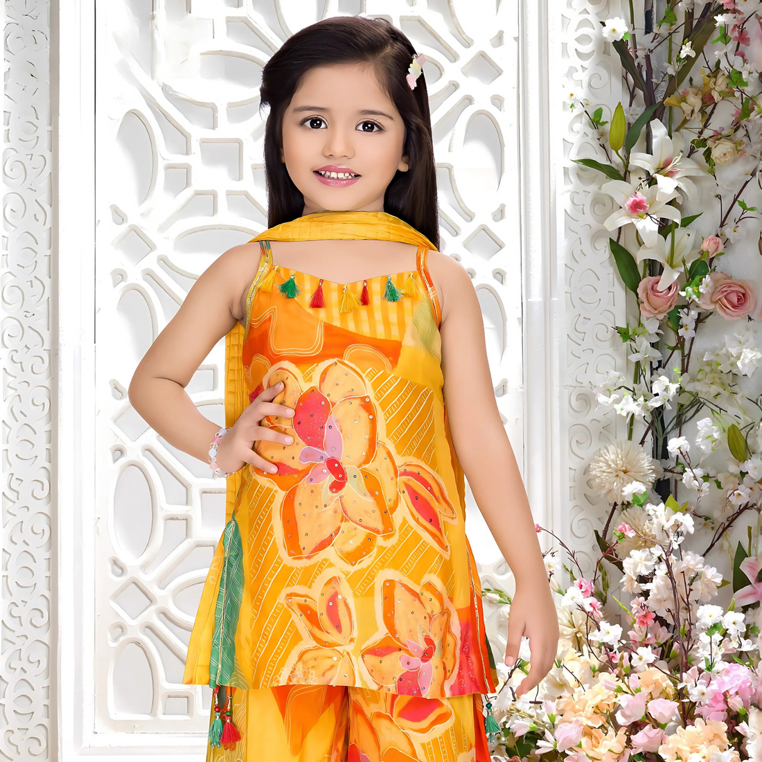 Yellow with Multicolor Digital Print Palazzo Set For Girls