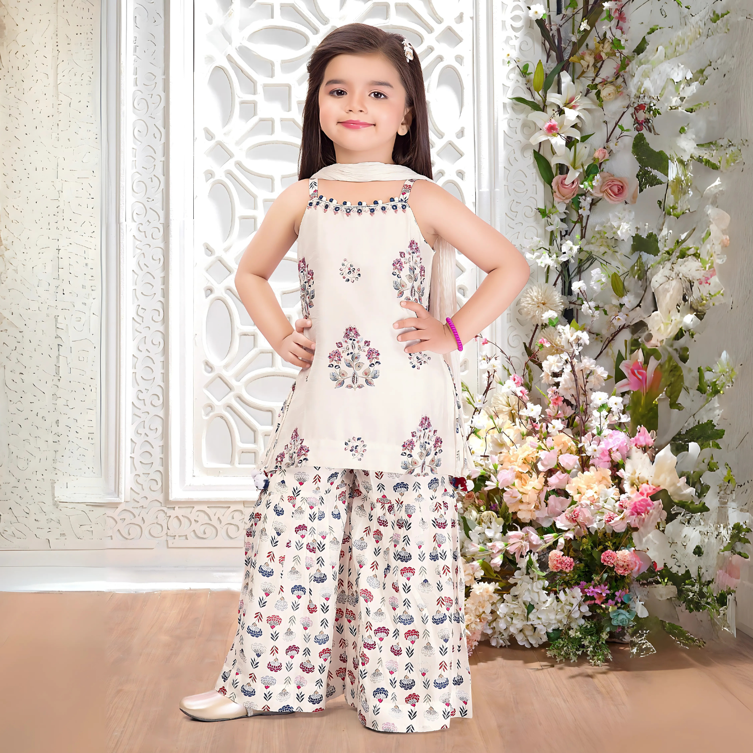 Girls White Floral Print Palazzo Set