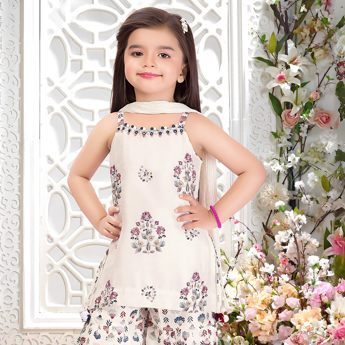 Girls White Floral Print Palazzo Set