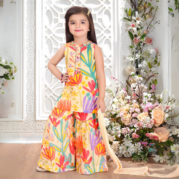 Cream Printed Sleeveless Sharara Set For Girls