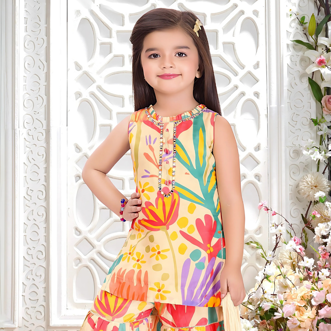 Cream Printed Sleeveless Sharara Set For Girls