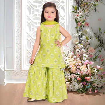 Green Printed Kurta With Sharara And Dupatta