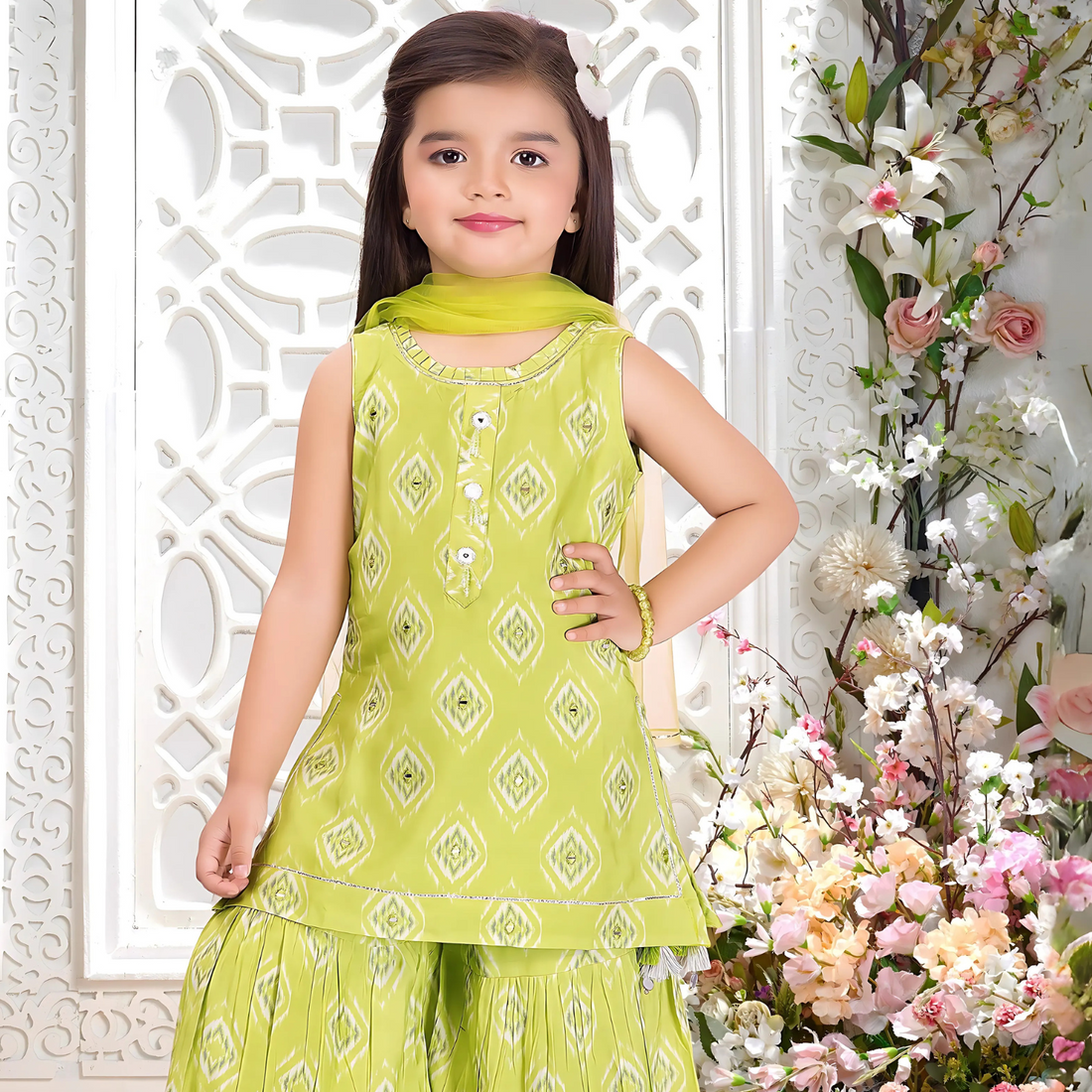 Green Printed Kurta With Sharara And Dupatta