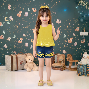 Trendy Blossom Denim Shorts Set For Baby Girls