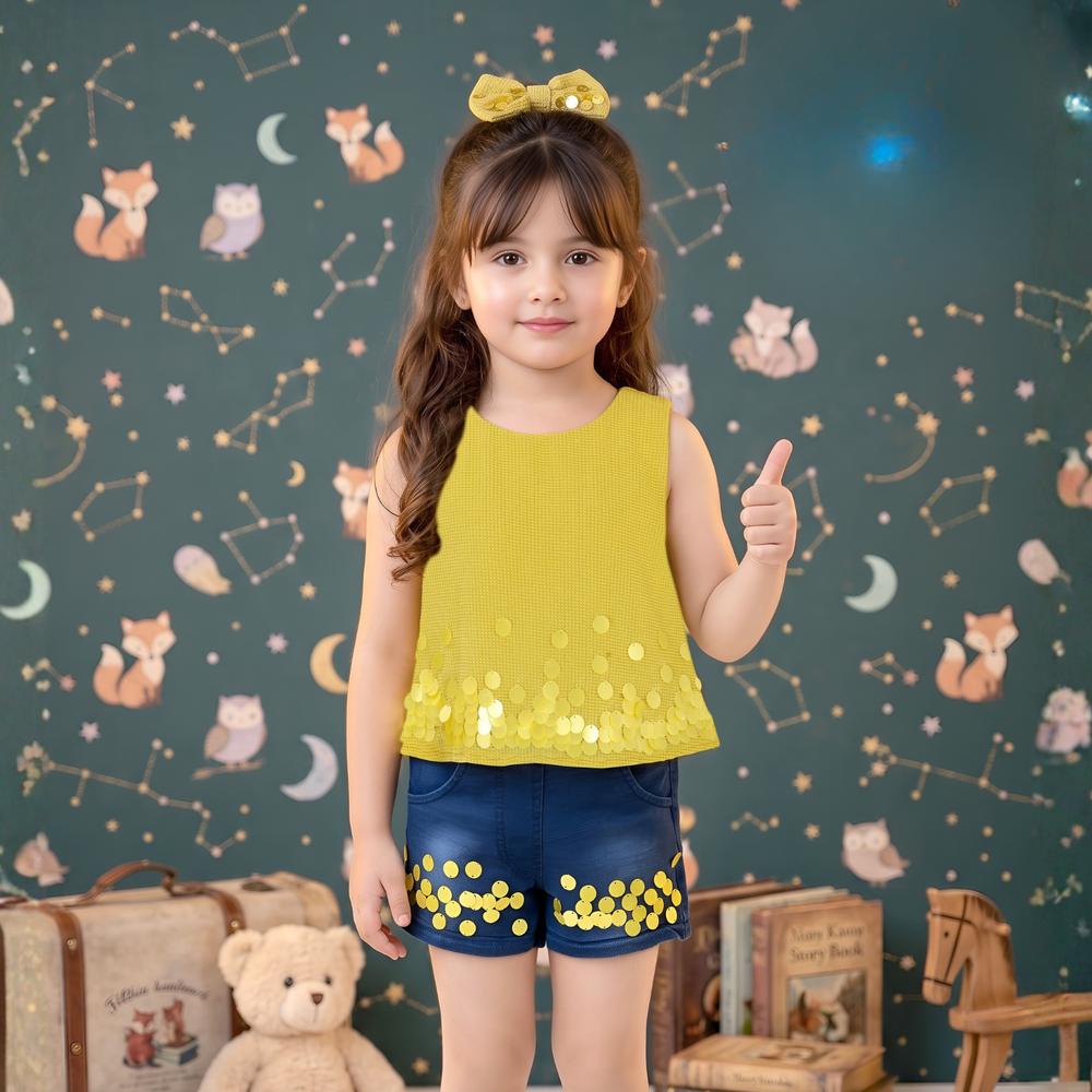 Trendy Blossom Denim Shorts Set For Baby Girls