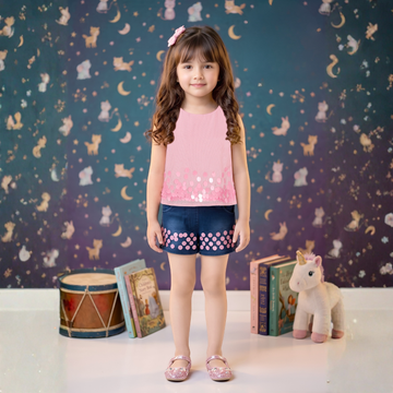 Trendy Blossom Denim Shorts Set For Baby Girls