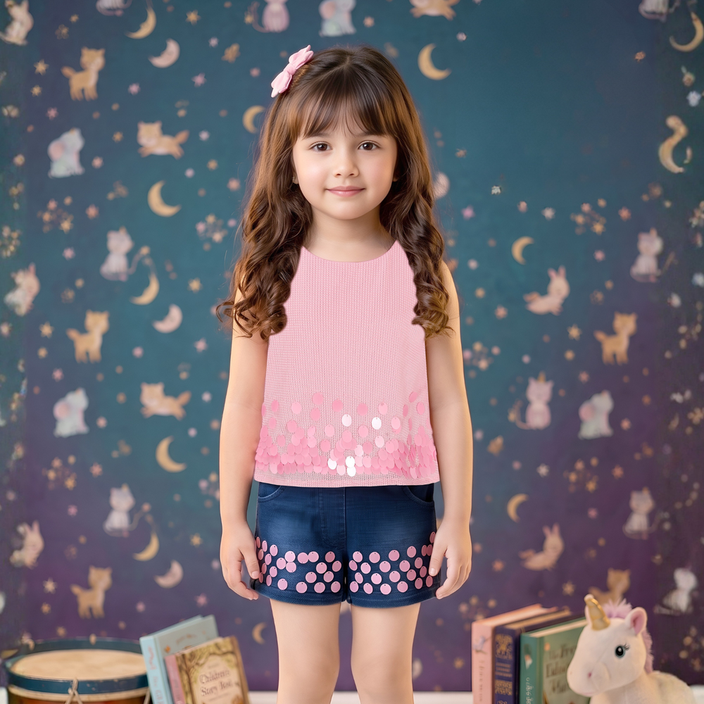 Trendy Blossom Denim Shorts Set For Baby Girls