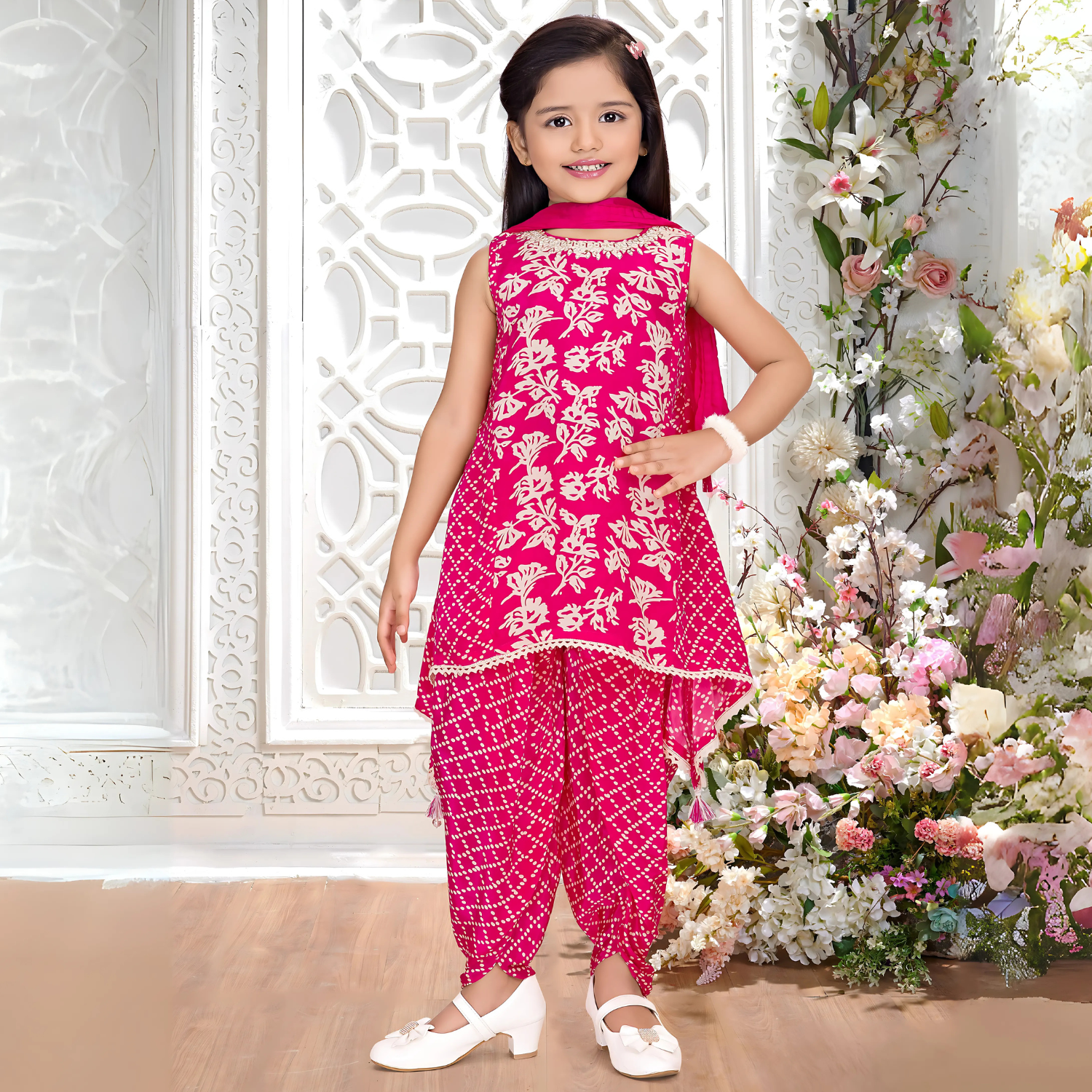 Sleeveless Floral Printed Kurta With Dhoti Set