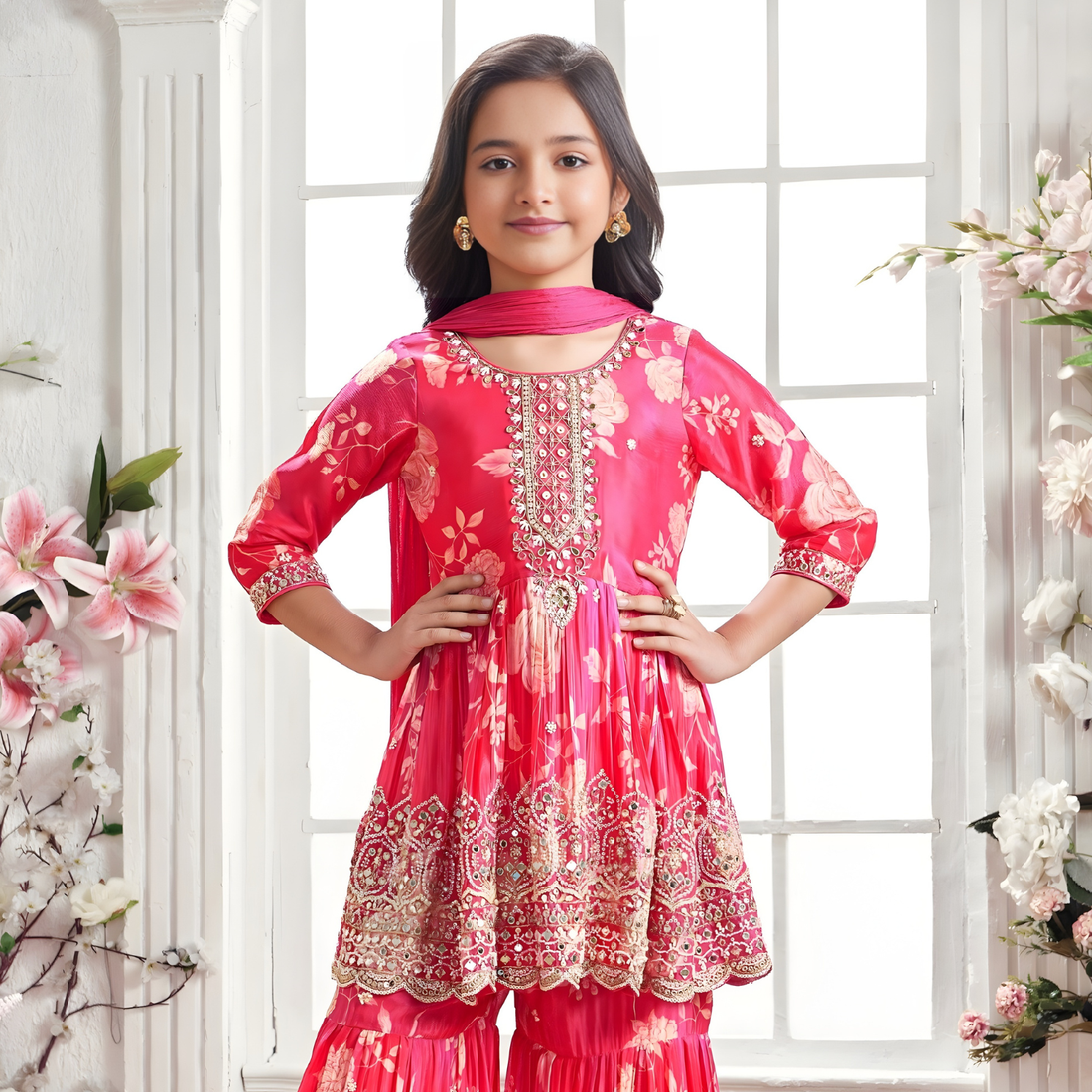 Rani Floral Embroidered Sharara Set for Girls