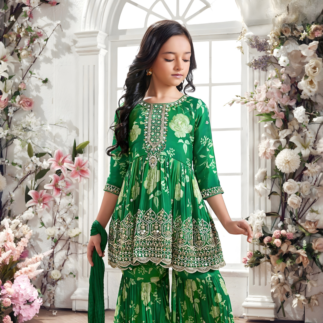 Green Party Wear Embroidered Sharara Set For Girls