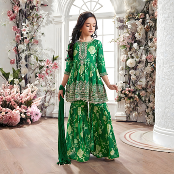 Green Party Wear Embroidered Sharara Set For Girls