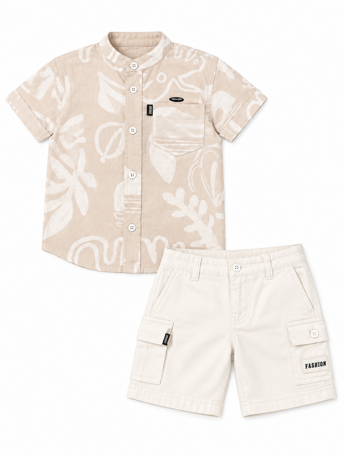Boys Fawn Abstract Print Shirt and Cream Cargo Shorts Set