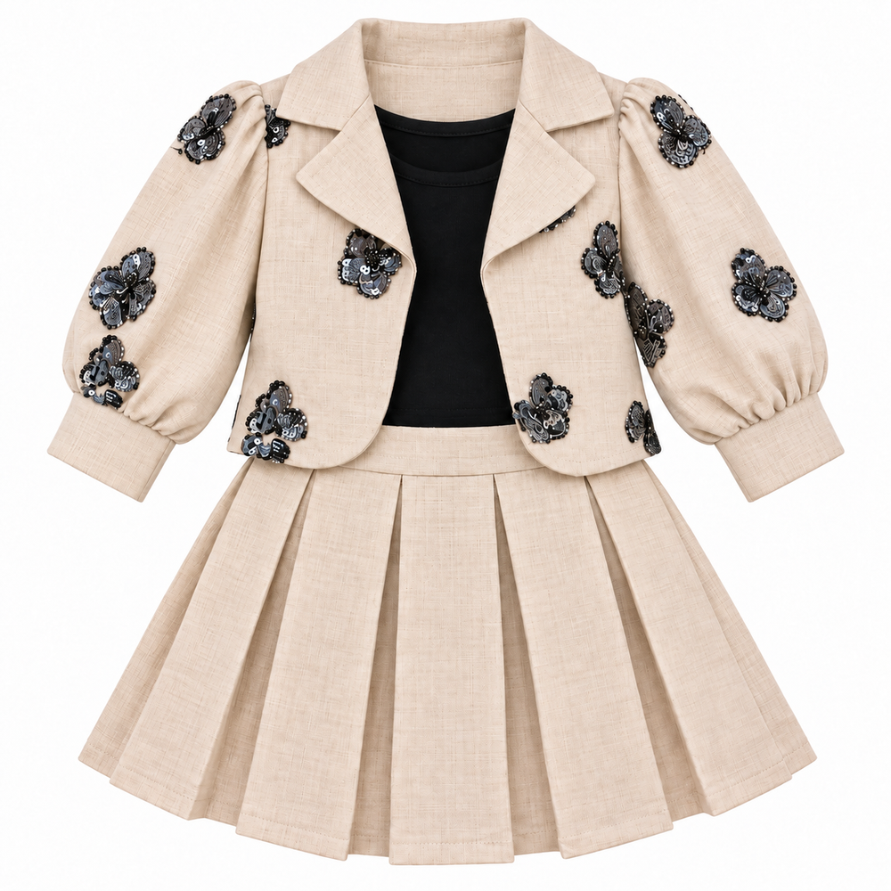 Girls Cream Floral Sequin Jacket and Pleated Skirt Set (Shoes Not Included)