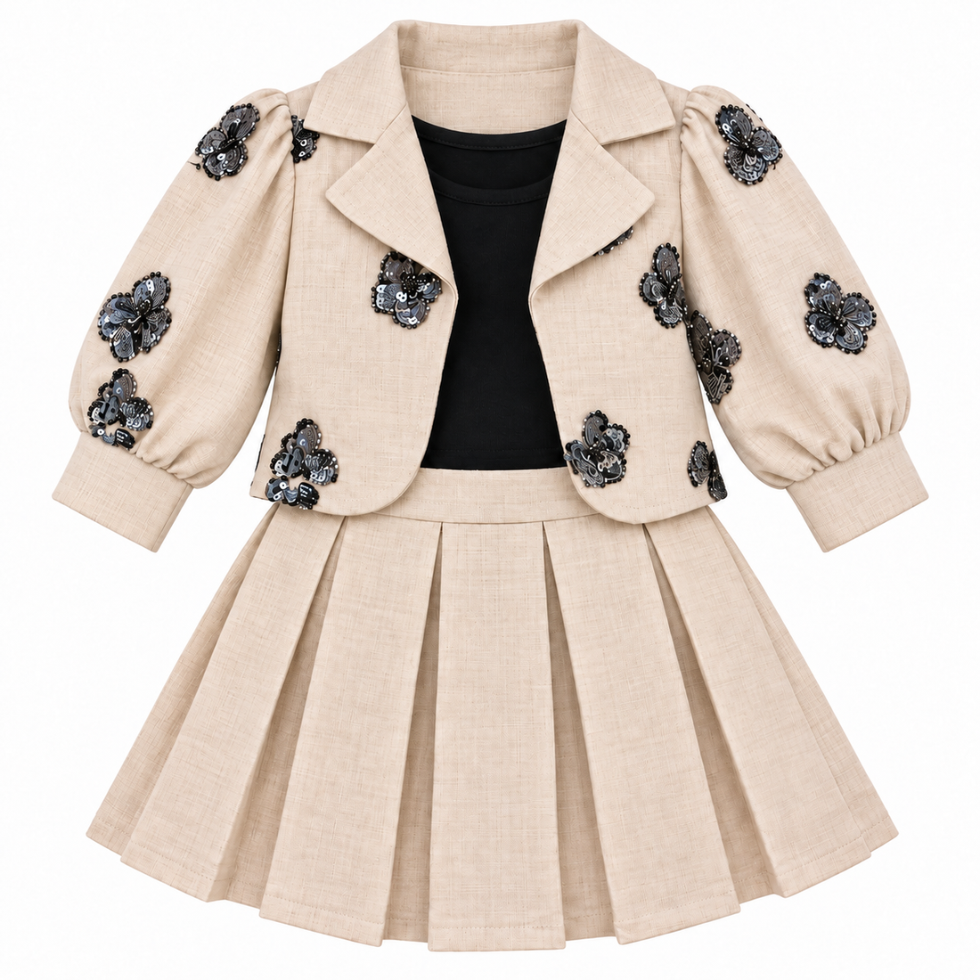 Girls Cream Floral Sequin Jacket and Pleated Skirt Set (Shoes Not Included)
