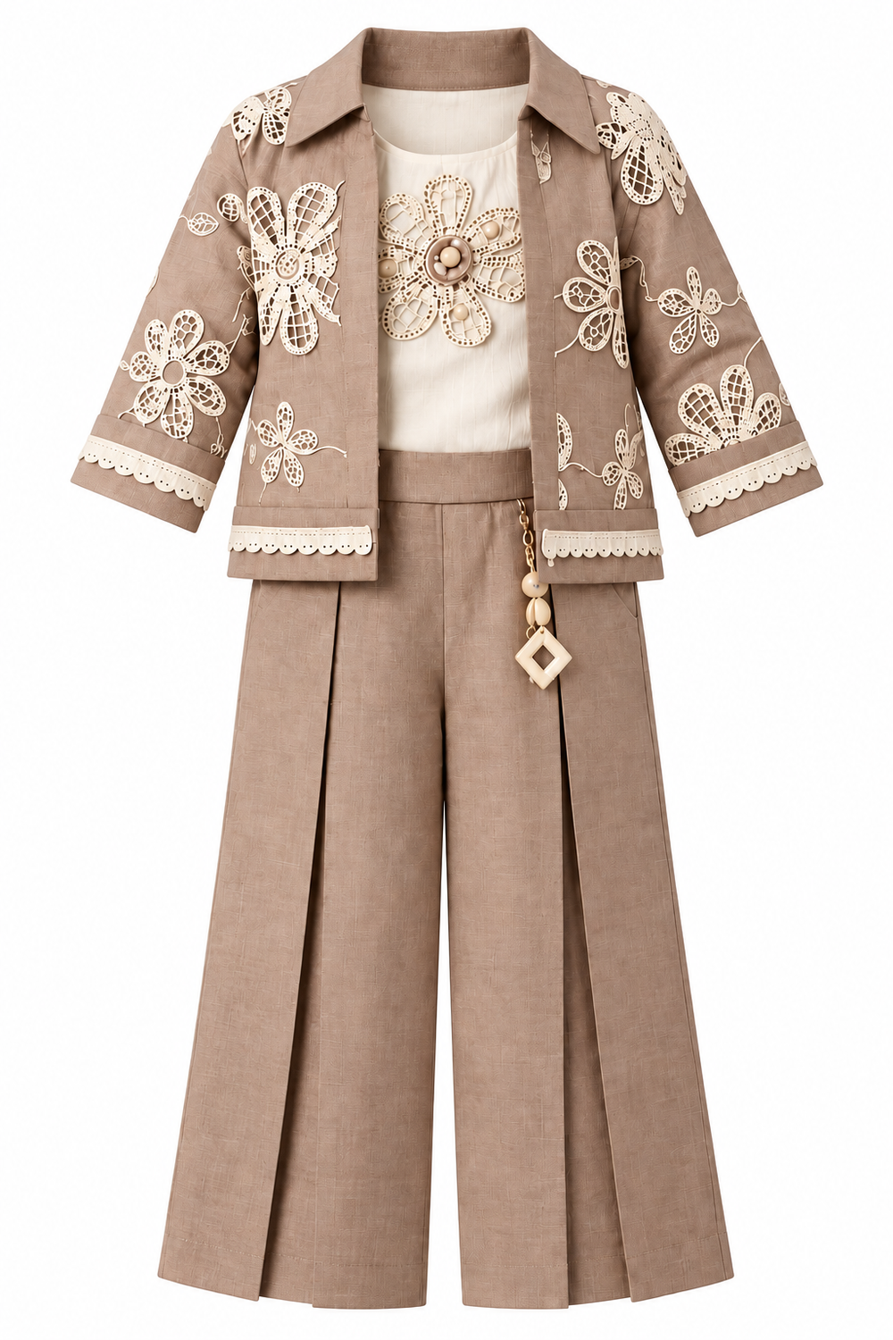 Girls Brown Floral Lace Jacket and Palazzo Pants Set (Shoes Not Included)