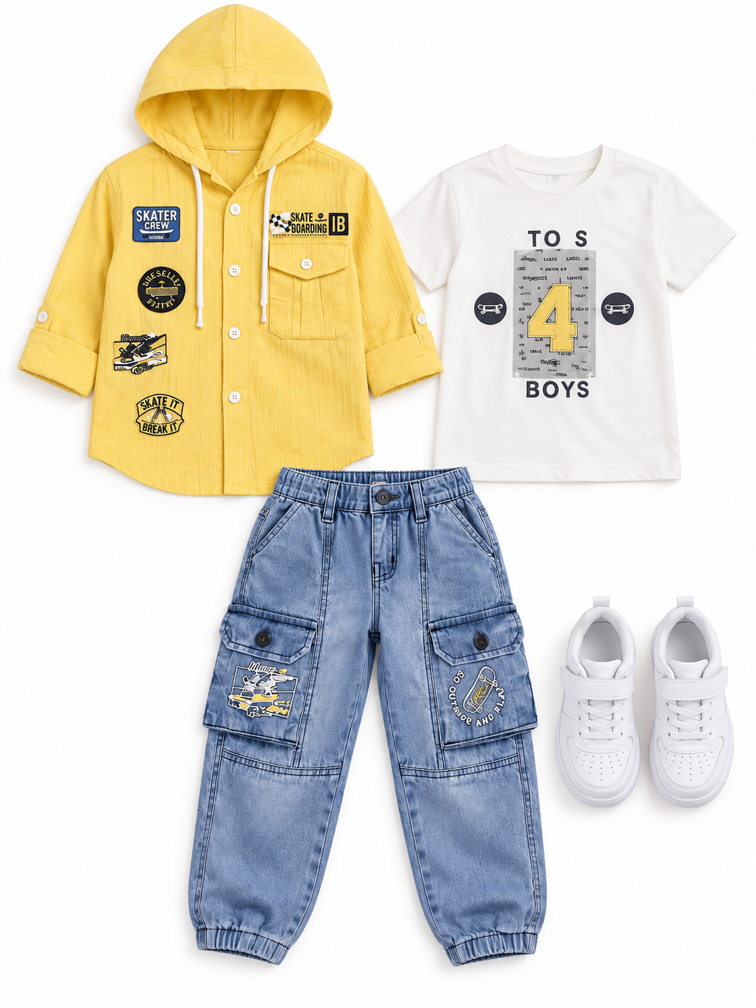 Boys Yellow Hooded Shirt, T-shirt and Denim Cargo Pants Set