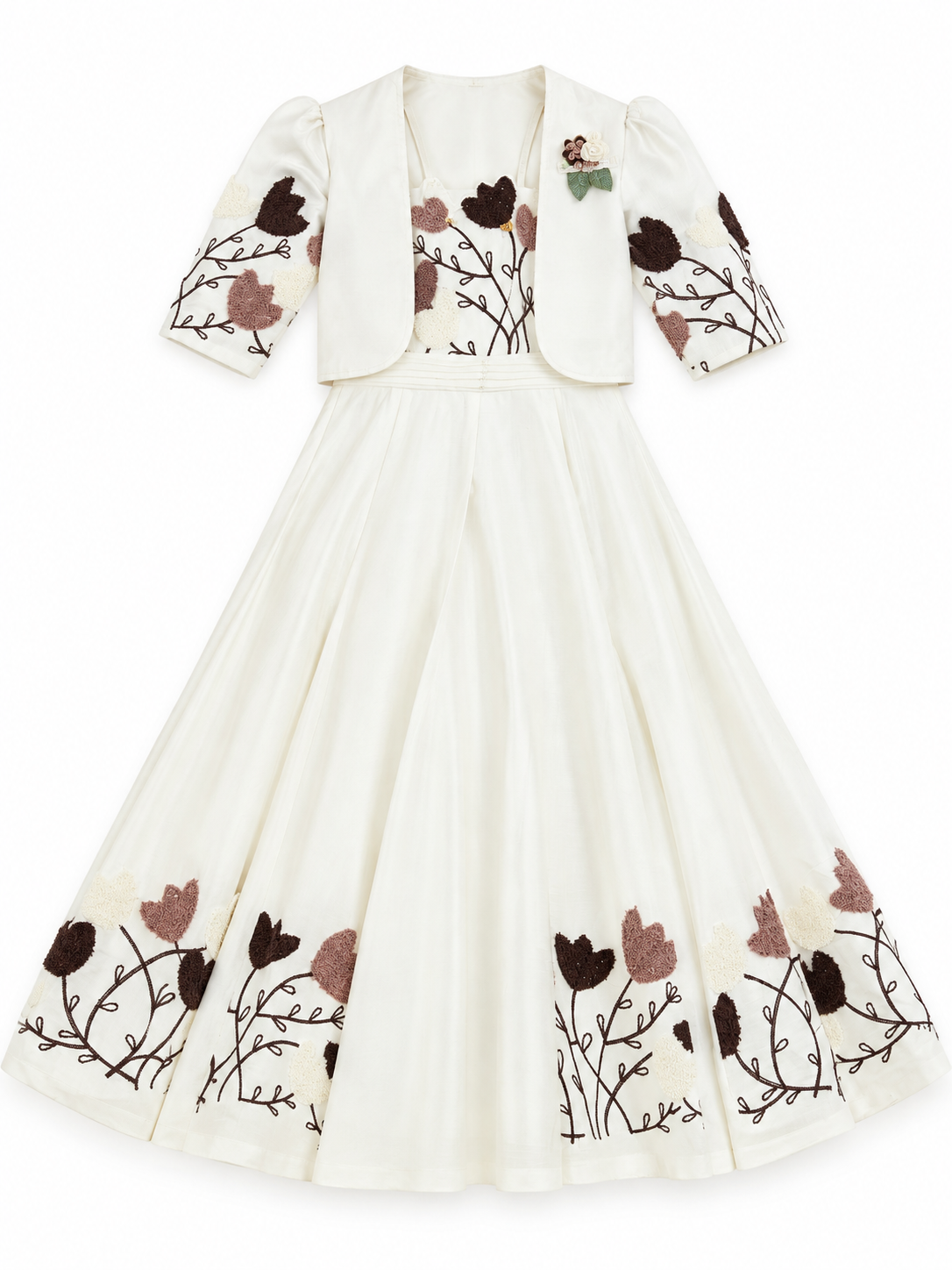 Girls Cream Tulip Embroidered Long Party Dress with Jacket