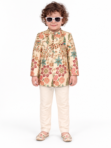 Boys Fawn Floral Printed Sherwani and Cream Pants Set