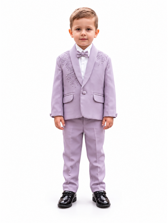 Boys Purple Embroidered Coat, Shirt and Trouser Set with Bow Tie