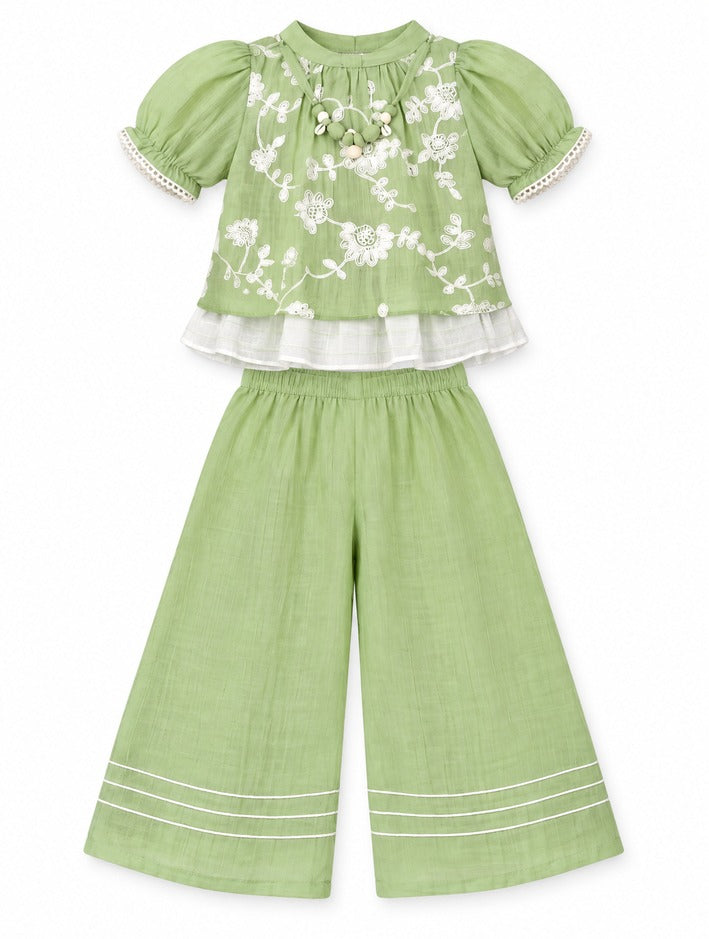 Girls Green Floral Embroidered Top and Palazzo Pants Set