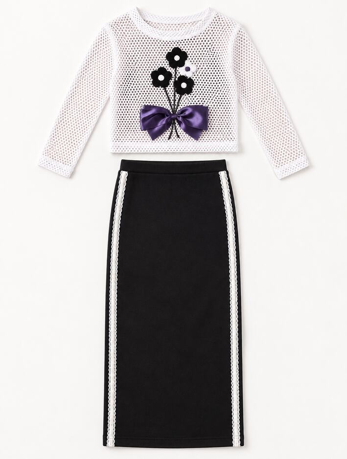Girls Black Crochet Mesh Top and Skirt Set