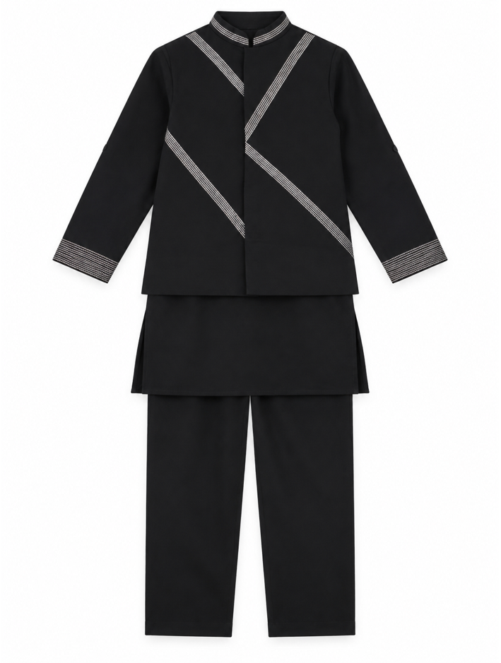 Boys Black Silver-Stripe Jacket, Kurta and Trousers 3-Piece Set (Shoes Not Included)