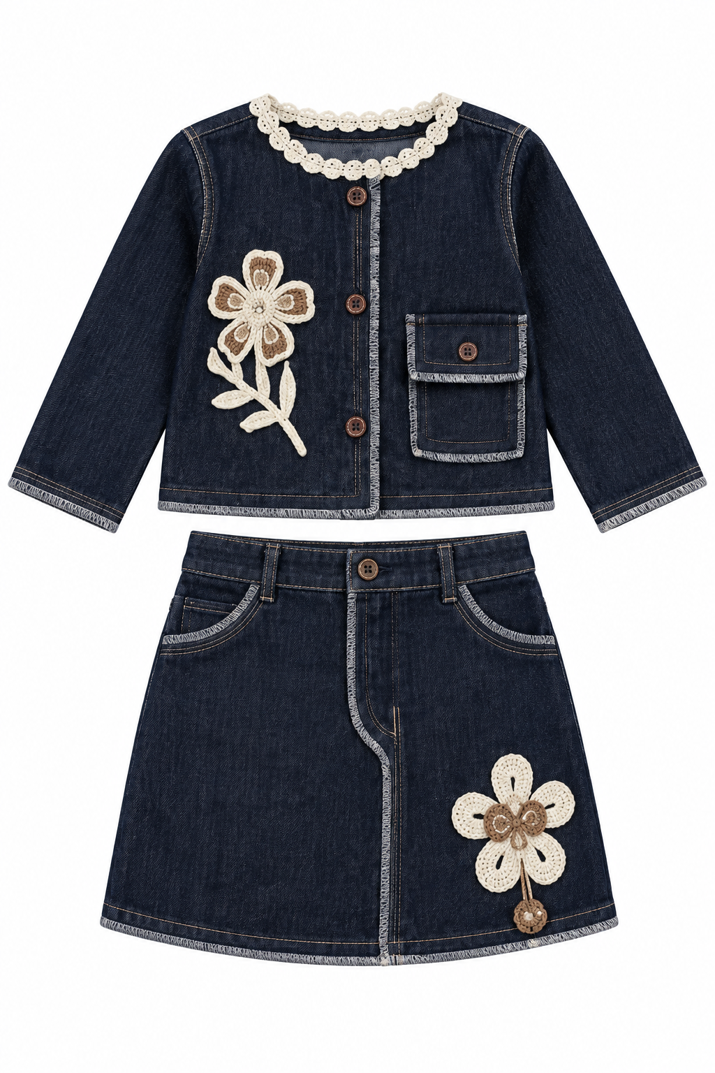 Girls Blue Floral Applique Jacket and Skirt Set (Shoes Not Included)