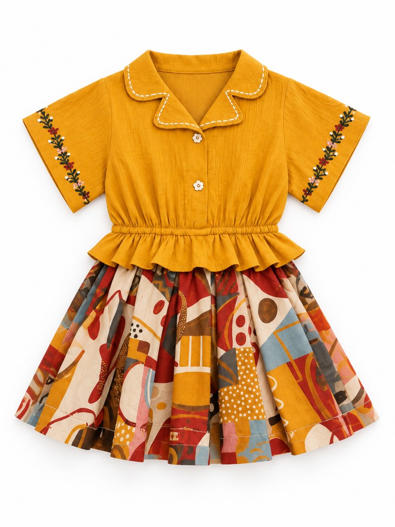 Girls Mustard Peplum Top and Printed Skirt Set