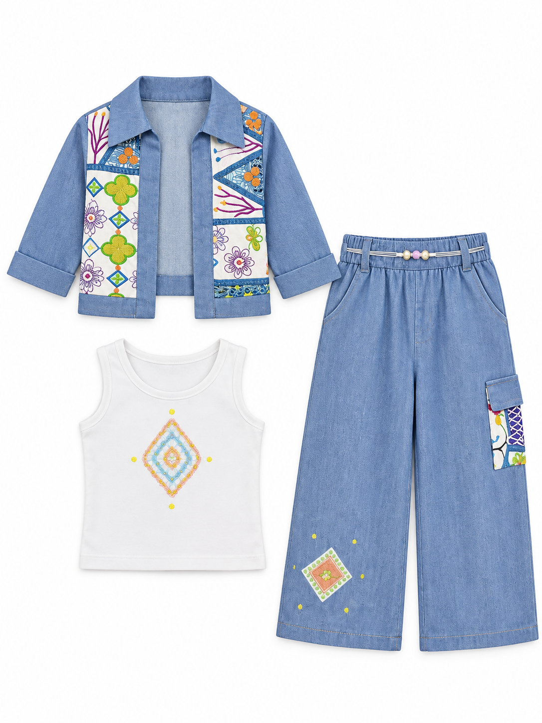 Girls Light Blue Embroidered Denim Jacket with Top and Palazzo Set