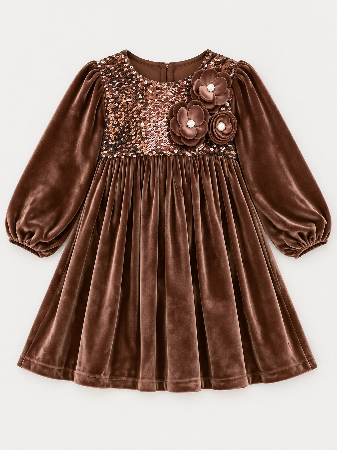 Girls Brown Sequin Velvet Party Dress