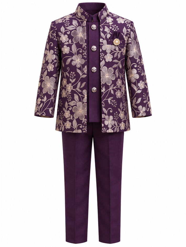 Boys Purple Floral Jacket, Kurta and Trouser Set