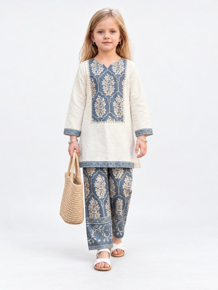 Girls Cream Kurta with Blue Floral Print Wide-Leg Pant Set