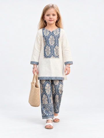 Girls Cream Kurta with Blue Floral Print Wide-Leg Pant Set