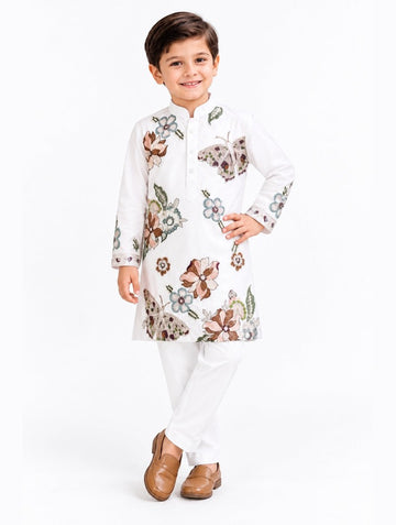 Boys Cream Floral and Butterfly Embroidered Kurta and Pants Set