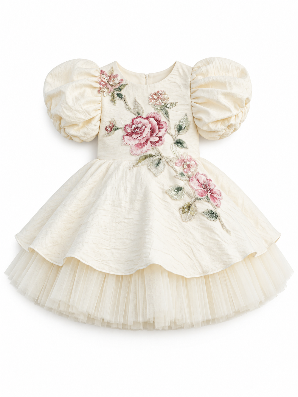 Girls Cream Party Frock with Floral Embroidery
