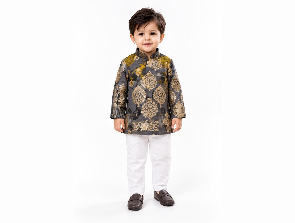Boys Gray Printed Kurta and White Pajama Set (Shoes Not Included)