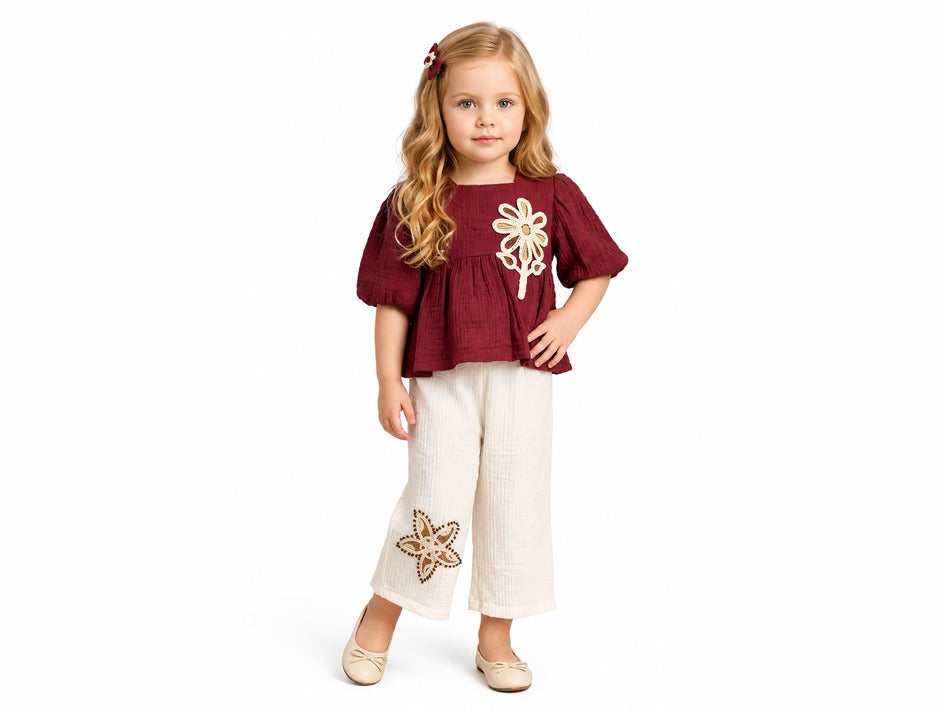 Girls Red Daisy Applique Top and Cream Palazzo Pants Set (Shoes Not Included)