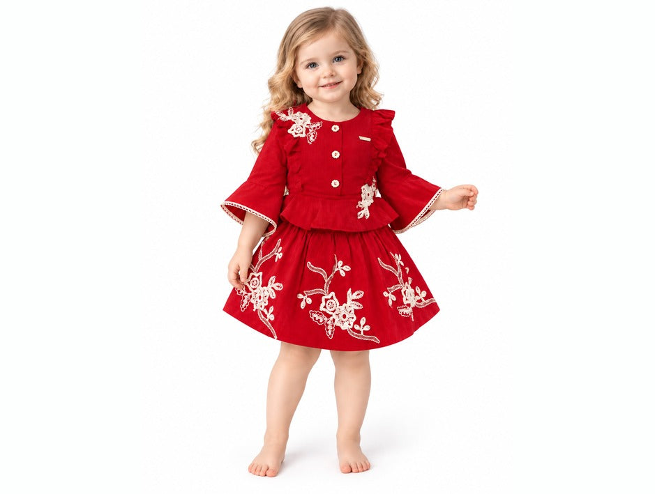 Girls Red Floral Lace Peplum Top and Skirt Set