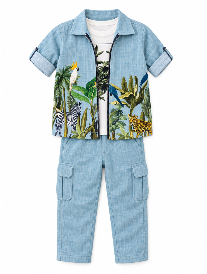 Boys Blue Safari Print Overshirt, T-Shirt and Cargo Pants Set