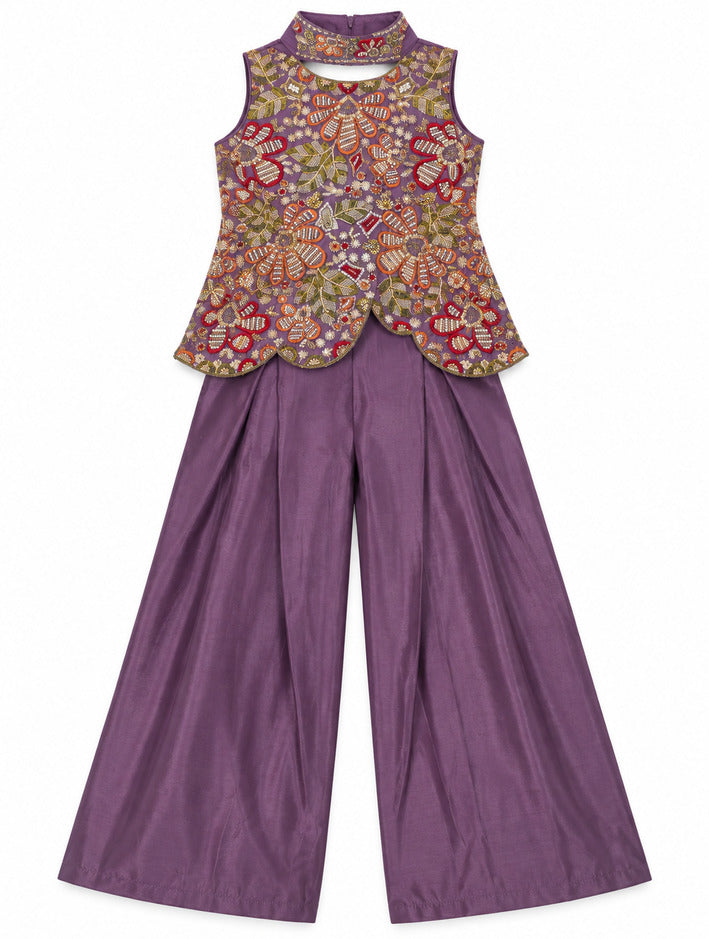 Girls Purple Embroidered Kurta with Palazzo Set