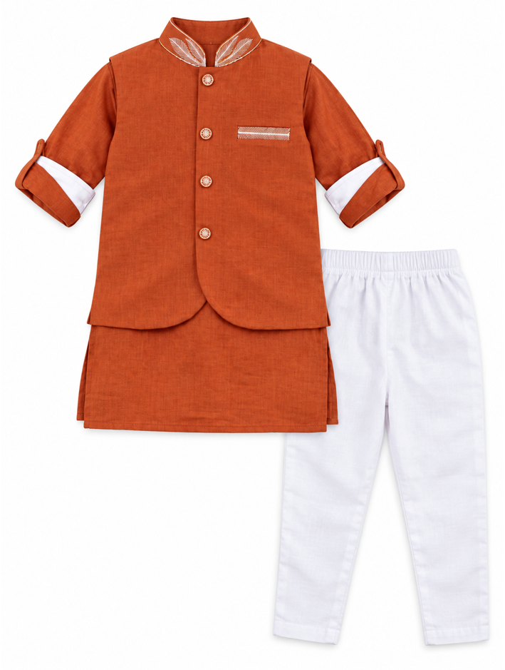 Boys Rust Embroidered Kurta with Attached Waistcoat and White Pajama Set (Shoes Not Included)