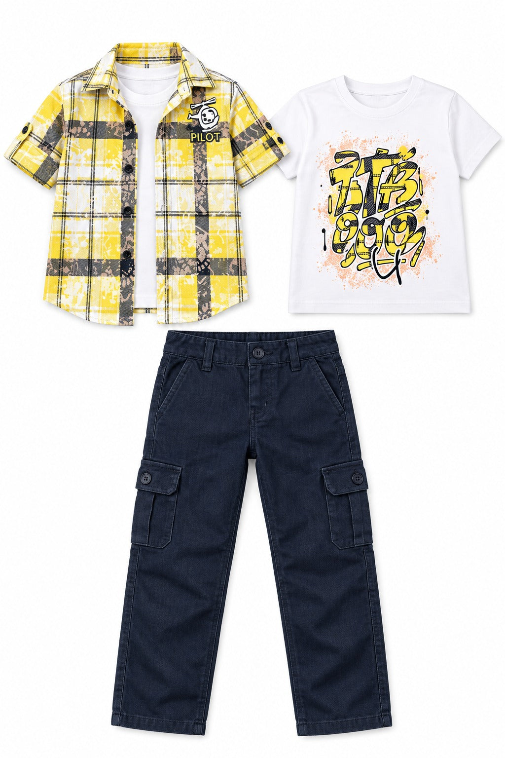 Boys Yellow Plaid Overshirt, Graphic T-shirt and Cargo Pants Set (Shoes Not Included)